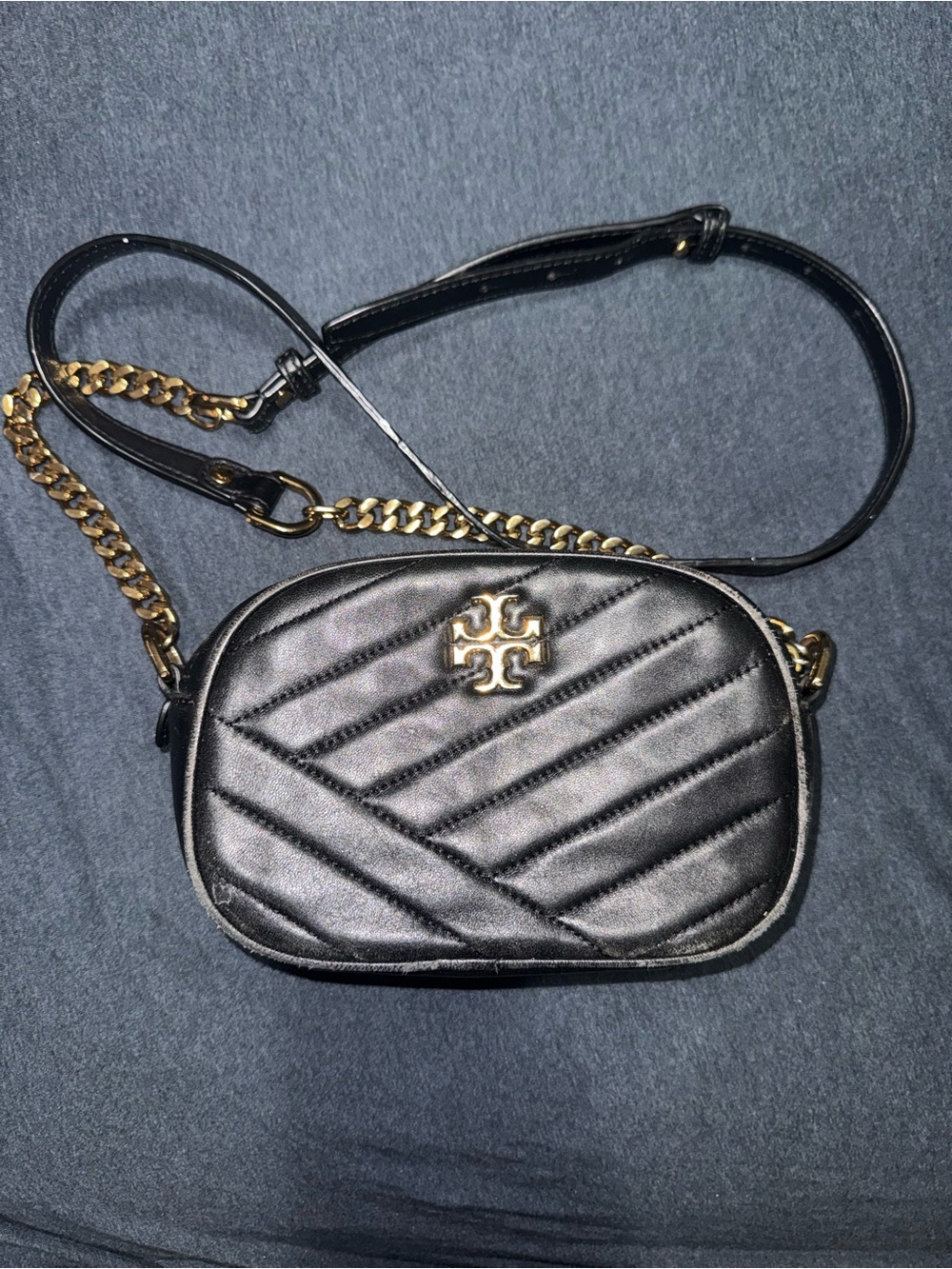 Tory Burch Black Quilted Leather Crossbody with Gold Logo